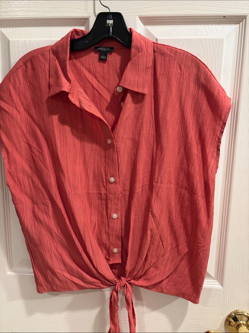 Ann Taylor Coral Tie-Front Button-Down Shirt